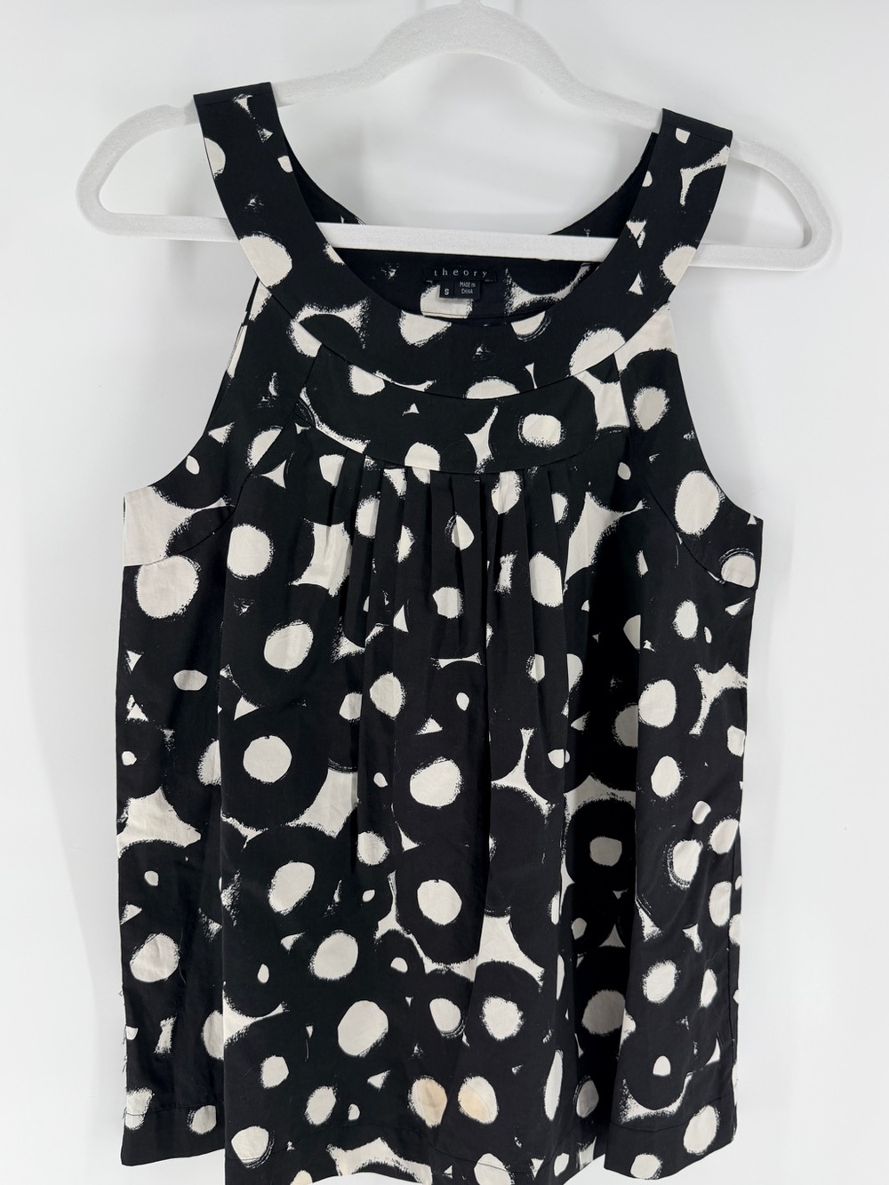 Theory Teala Tangiers Black Ivory Abstract Pleated Cotton Top S